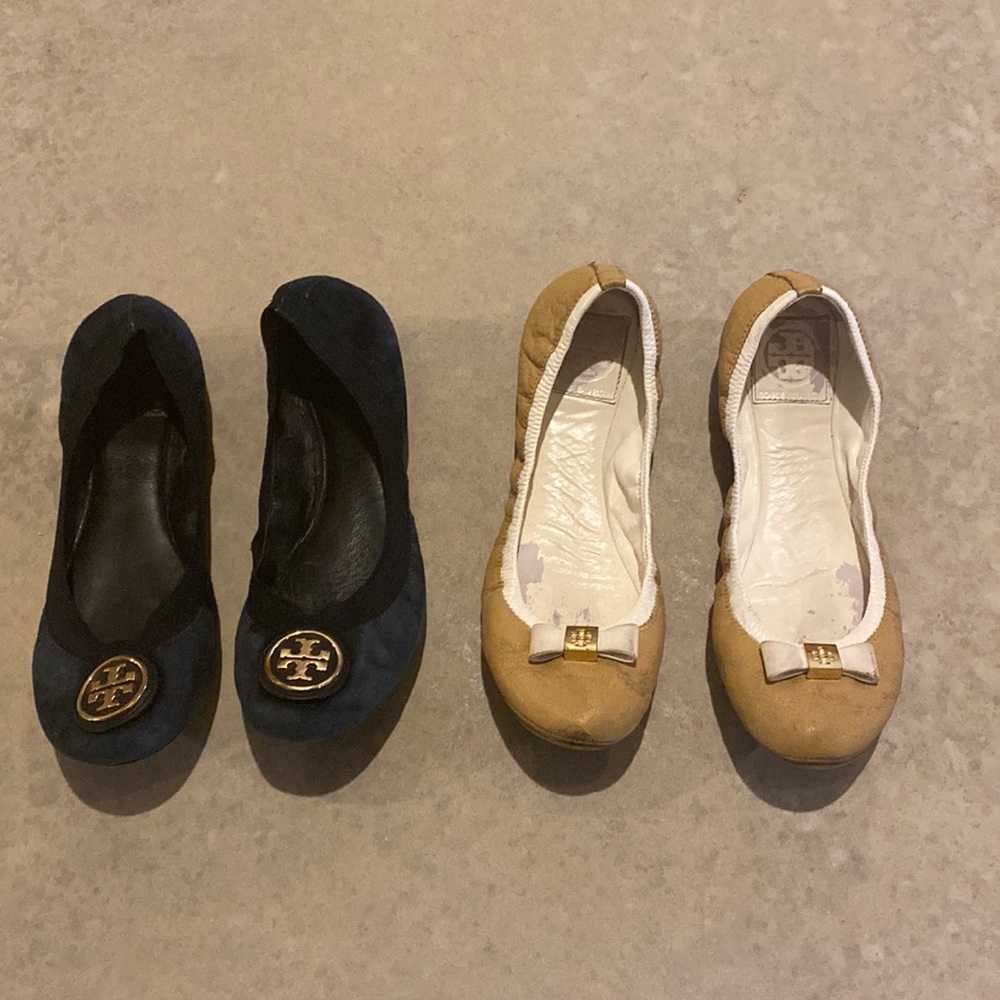 Two pairs of Tory Burch Flats, Black Suede and Tan Leather, Size 8 Well Worn